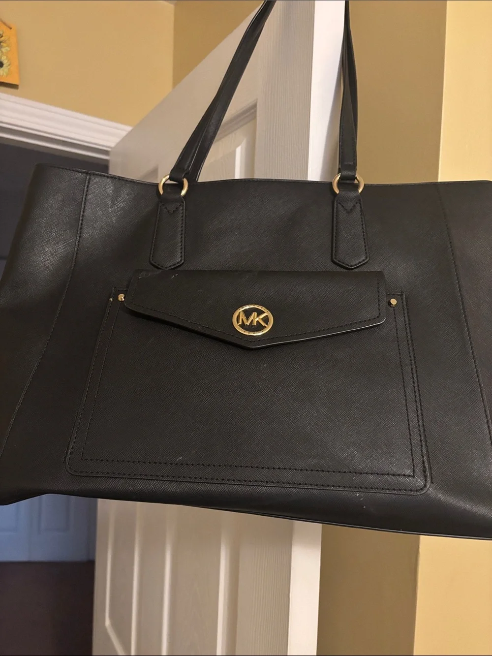 Michael Kors Black Saffiano Leather Tote with Gold MK Emblem